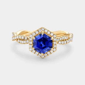 Romantic Detail Stylish Outfit Hexagon Cut Lab Sapphire Twist Halo Ring - Elyx