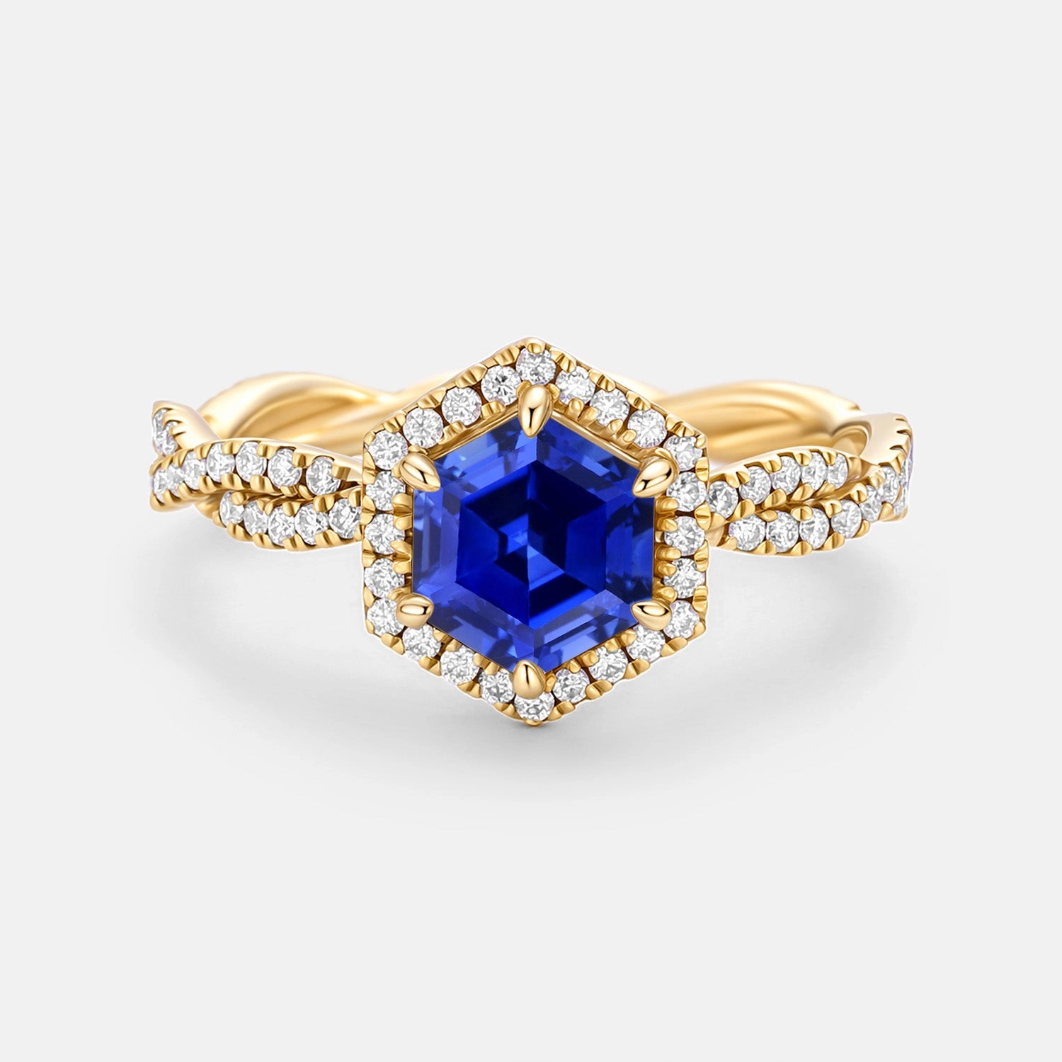 Romantic Detail Stylish Outfit Hexagon Cut Lab Sapphire Twist Halo Ring - Elyx