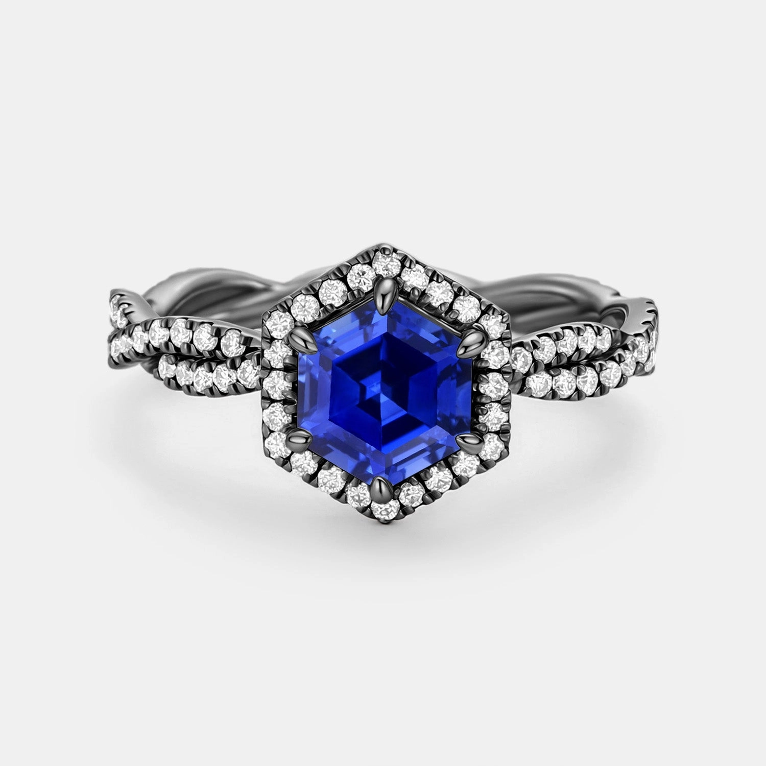Style Essential Modern Line Hexagon Cut Lab Sapphire Twist Halo Ring - Elyx