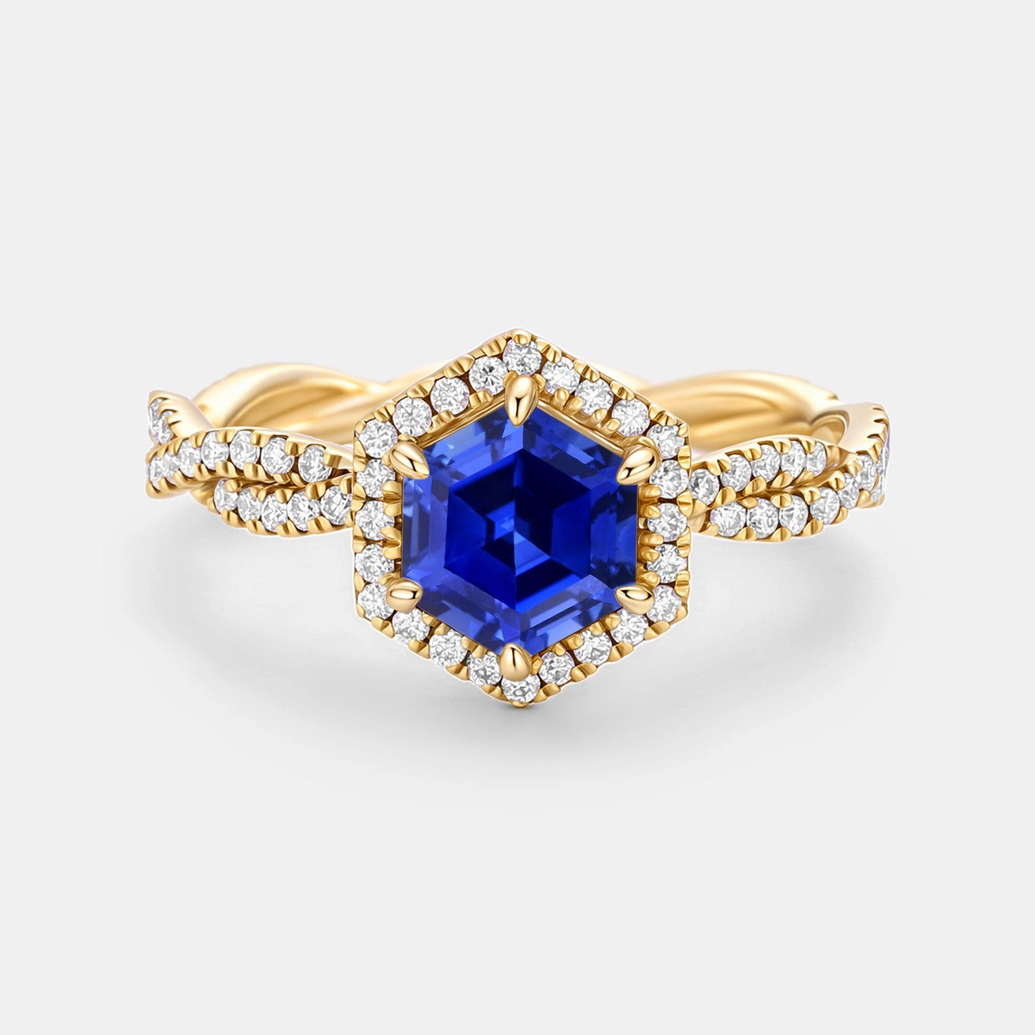 Hexagon Cut Lab Sapphire Twist Halo Ring - Elyx Luminous Touch