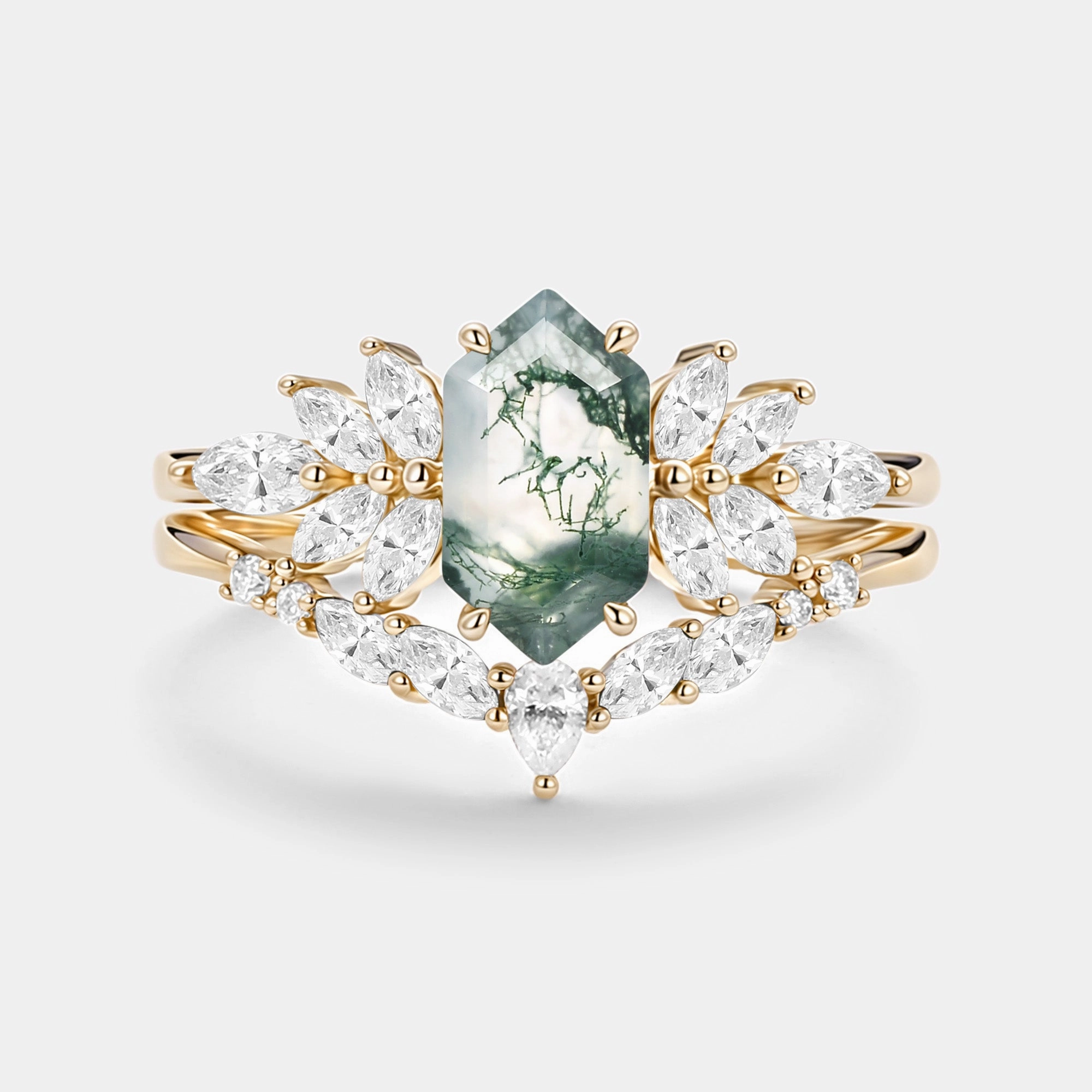 Hexagon Cut Moss Agate Vintage Ring Set 2pcs - Meadow Dainty Accent