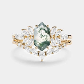 Hexagon Cut Moss Agate Vintage Ring Set 2pcs - Meadow Dainty Accent