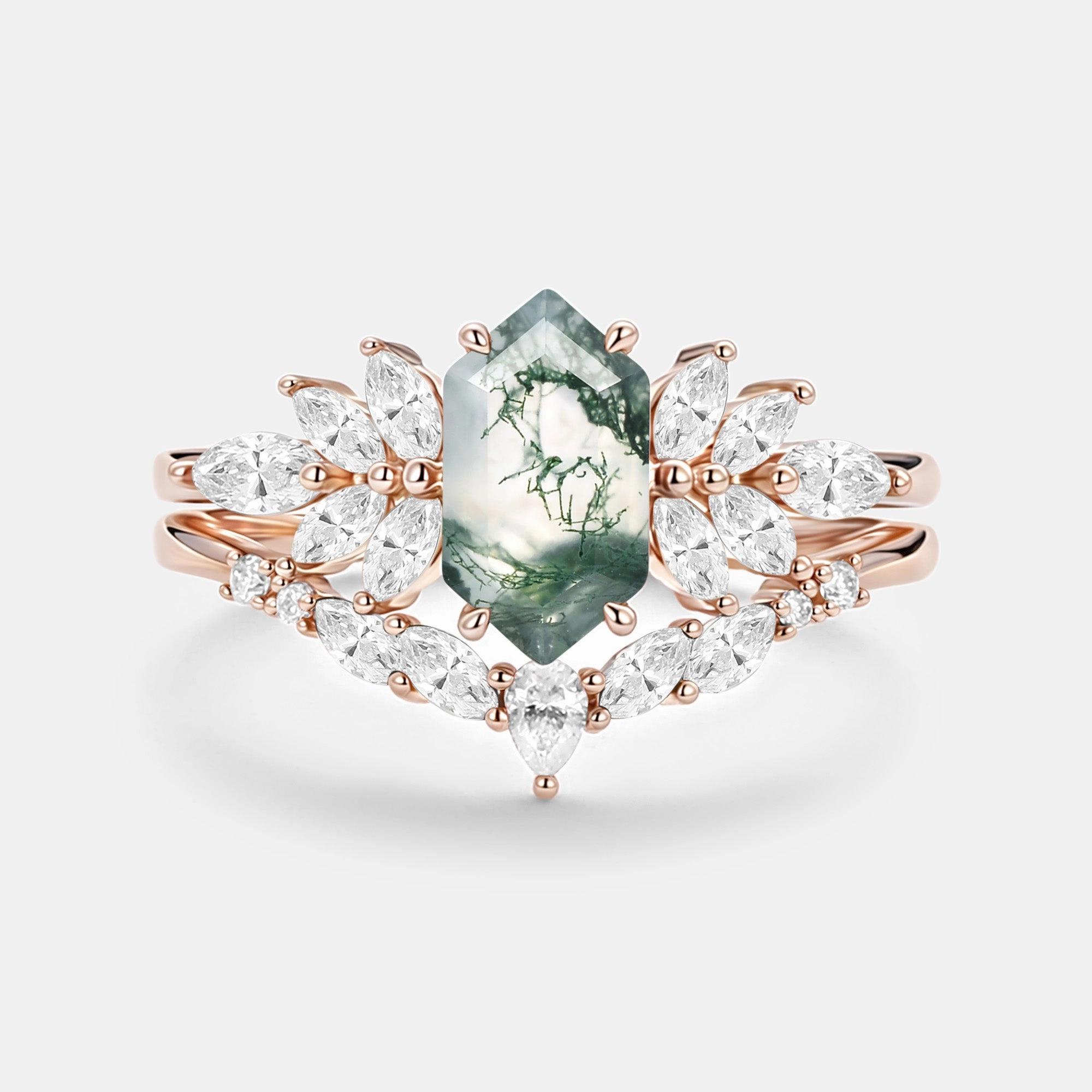 Hexagon Cut Moss Agate Vintage Ring Set 2pcs - Meadow Radiant Form