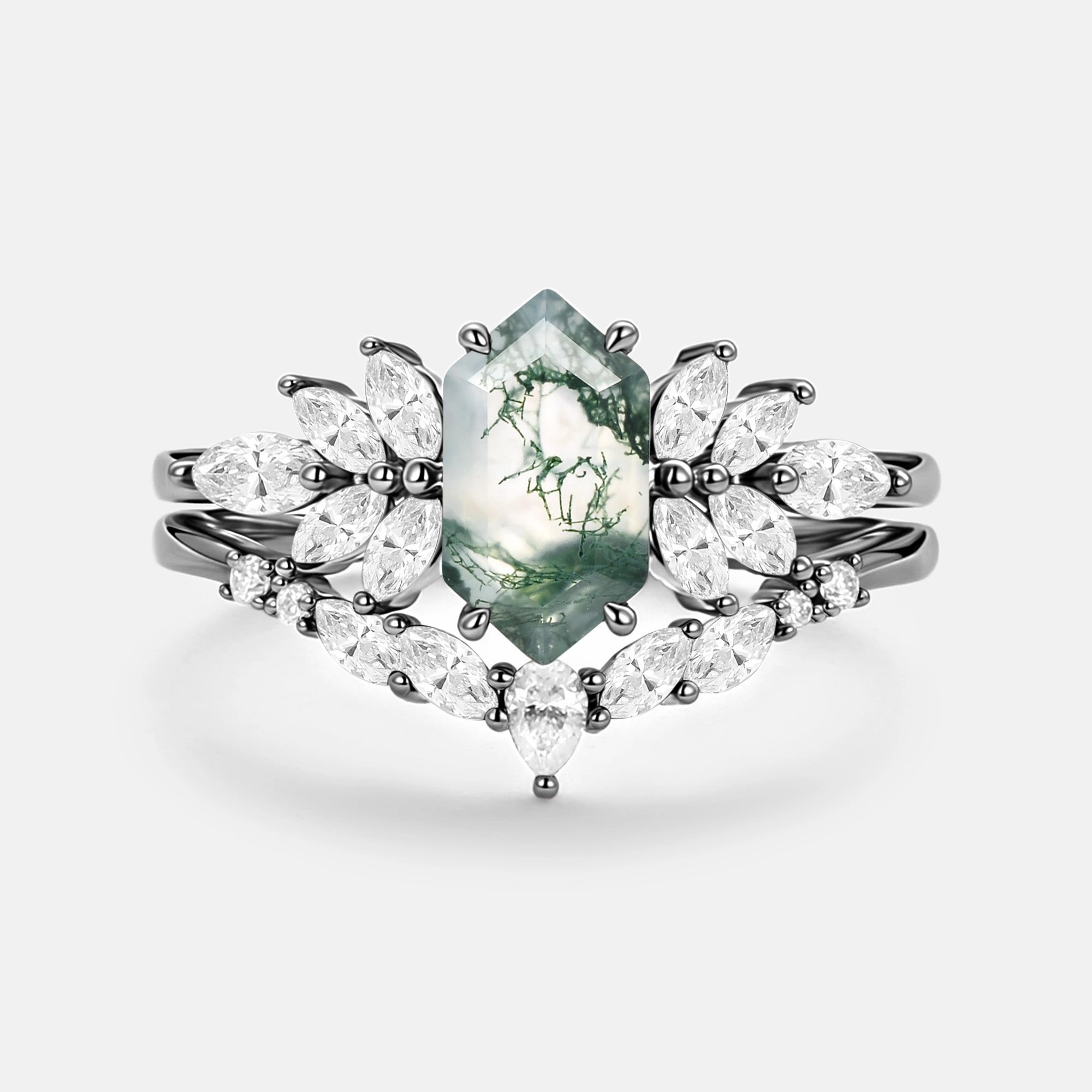 Hexagon Cut Moss Agate Vintage Ring Set 2pcs - Meadow Glamour Accessory Versatile Design