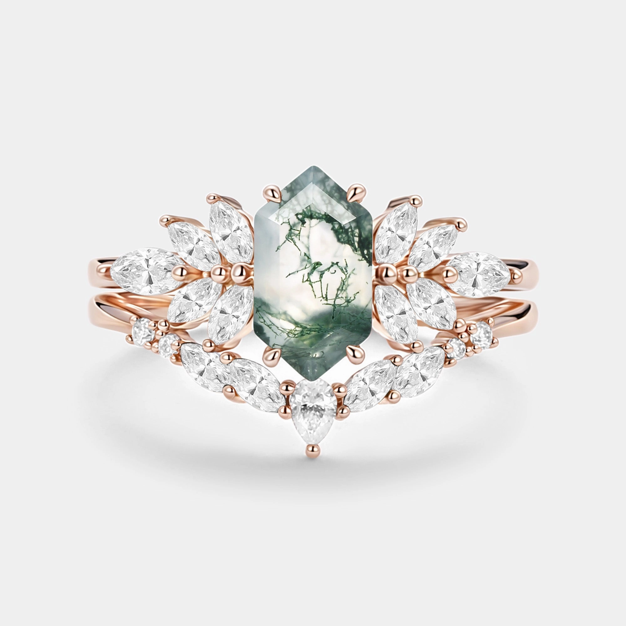 Hexagon Cut Moss Agate Vintage Ring Set 2pcs - Meadow Vivid Accent Refined Layer