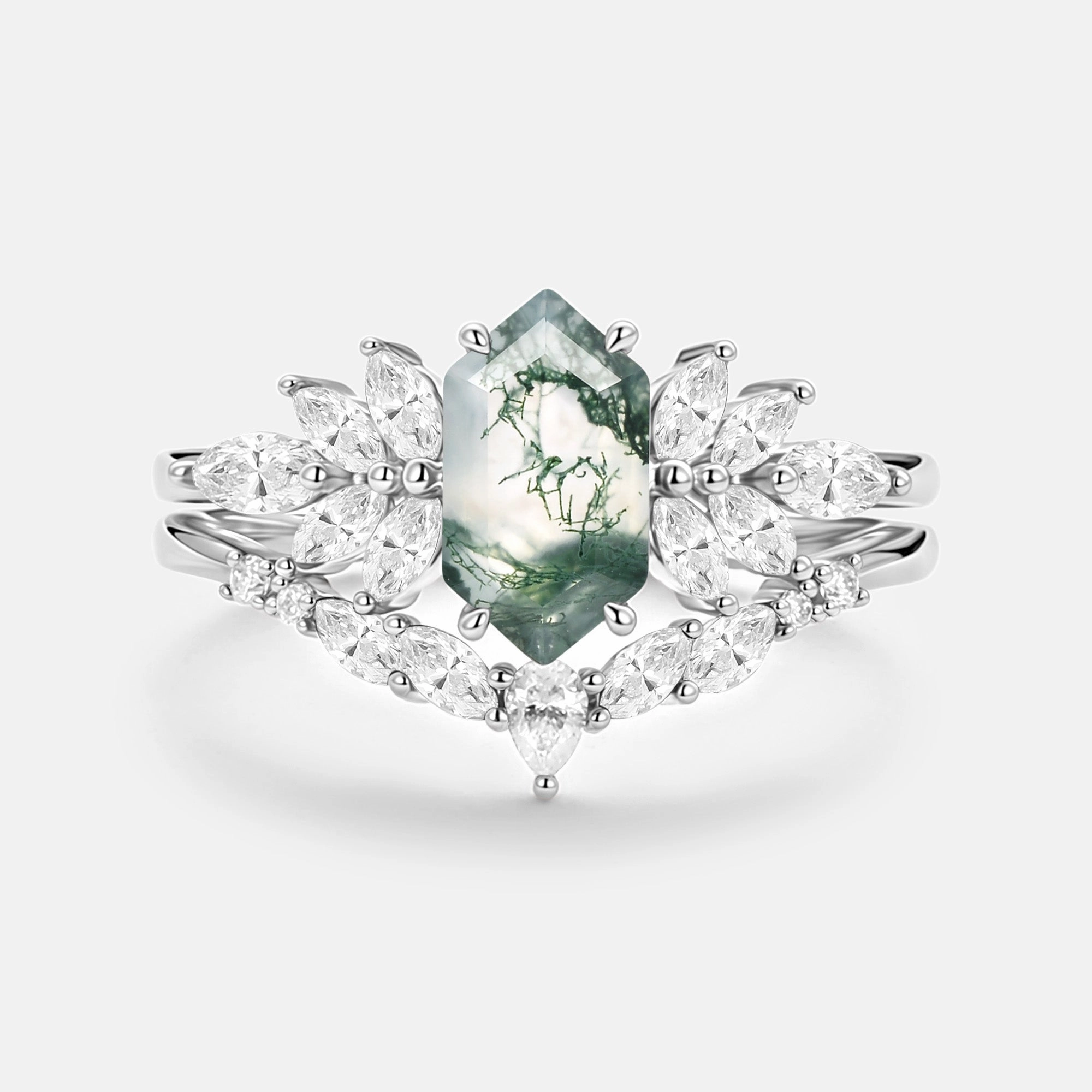 Hexagon Cut Moss Agate Vintage Ring Set 2pcs - Meadow High-Quality Piece