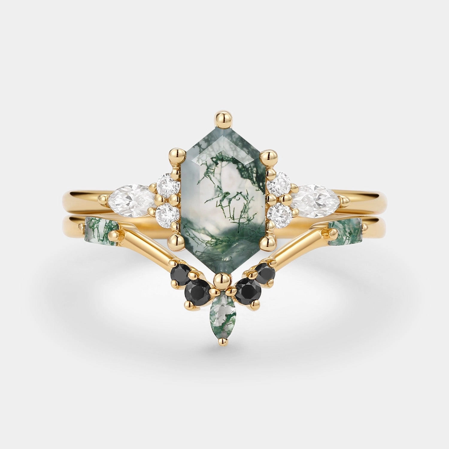 Understated Shine Hexagon Moss Agate & Black Moissanite Ring Set 2PCS