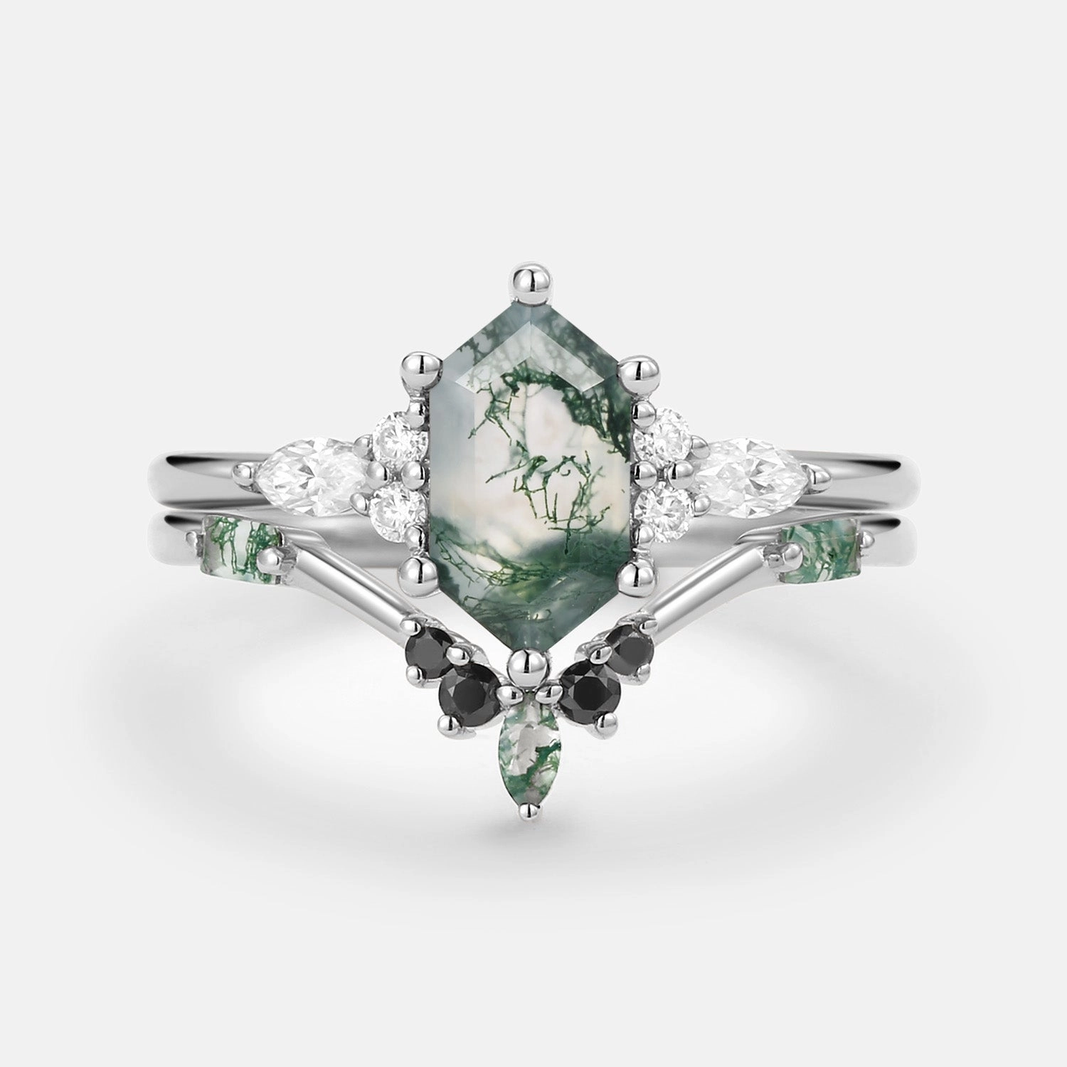 Hexagon Moss Agate & Black Moissanite Ring Set 2PCS Refined Line Quiet Shine