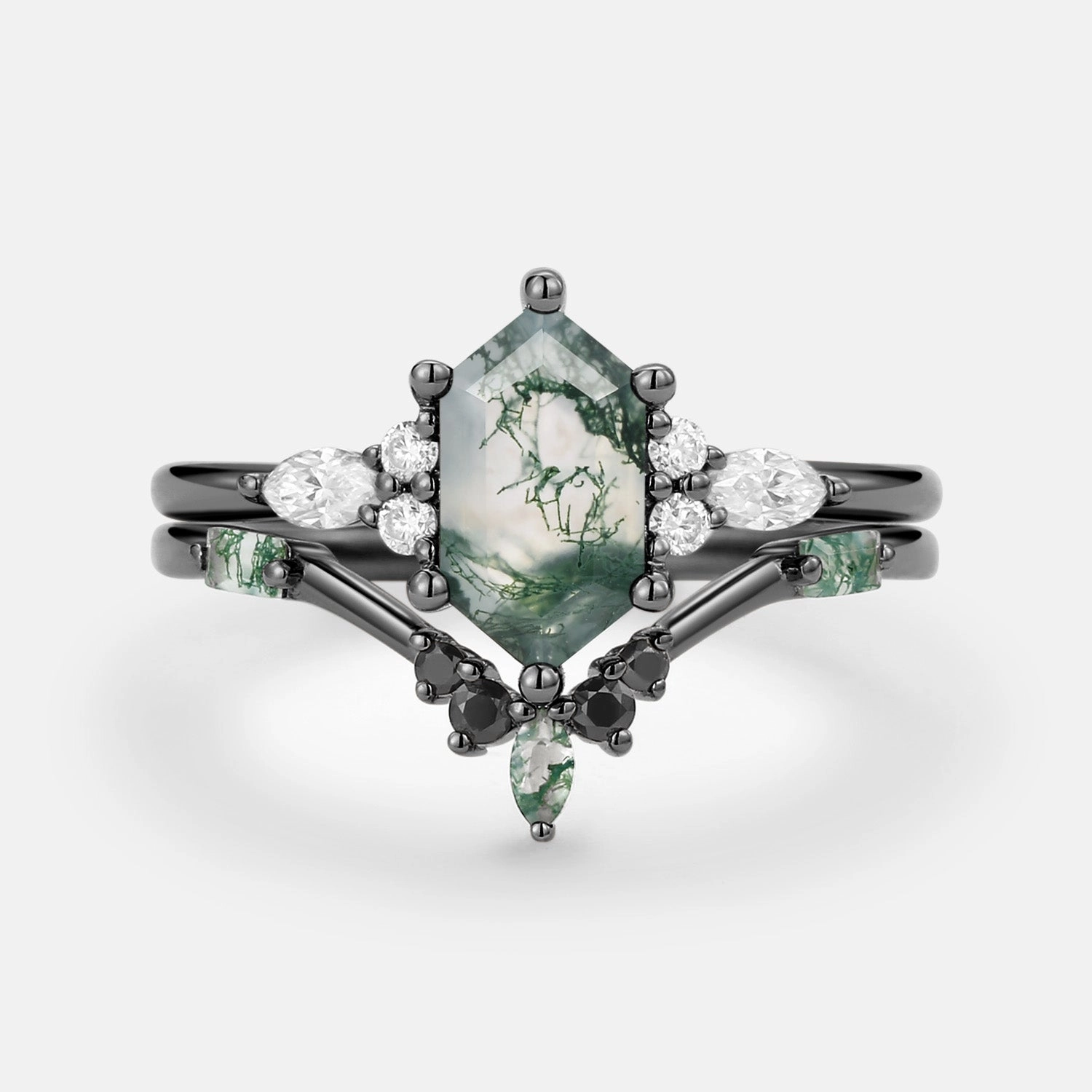 Hexagon Moss Agate & Black Moissanite Ring Set 2PCS Delicate Feature Modern Fit