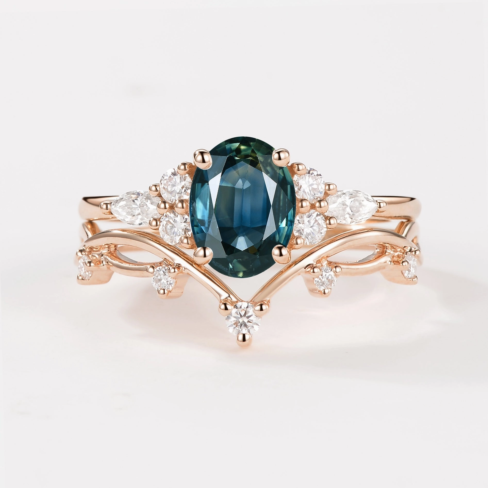 1.5ct Oval Teal Sapphire Leafy Ring Set 2pcs - Ona Classic Edge Charming Stones