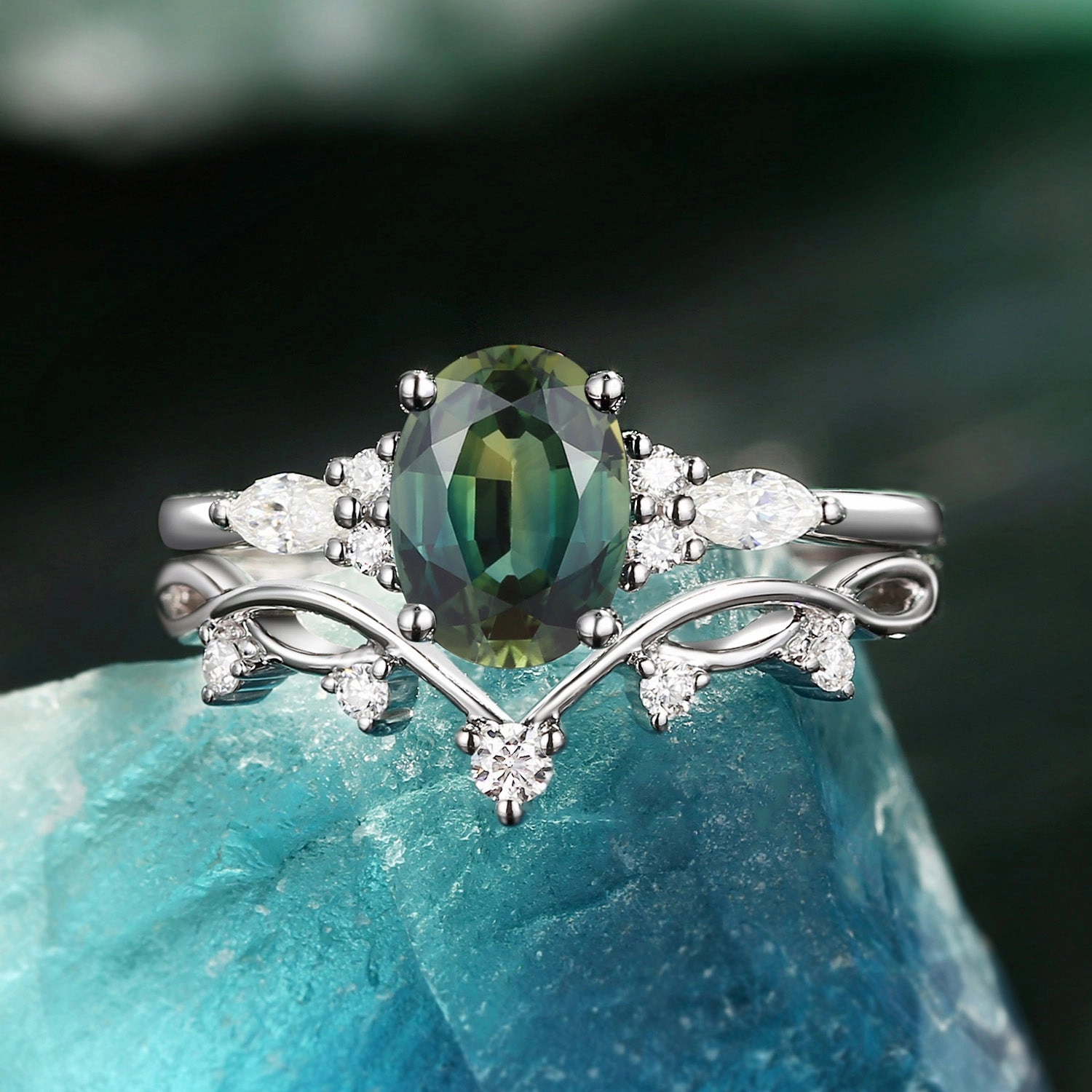 1.5ct Oval Teal Sapphire Leafy Ring Set 2pcs - Ona Stylish Vibe