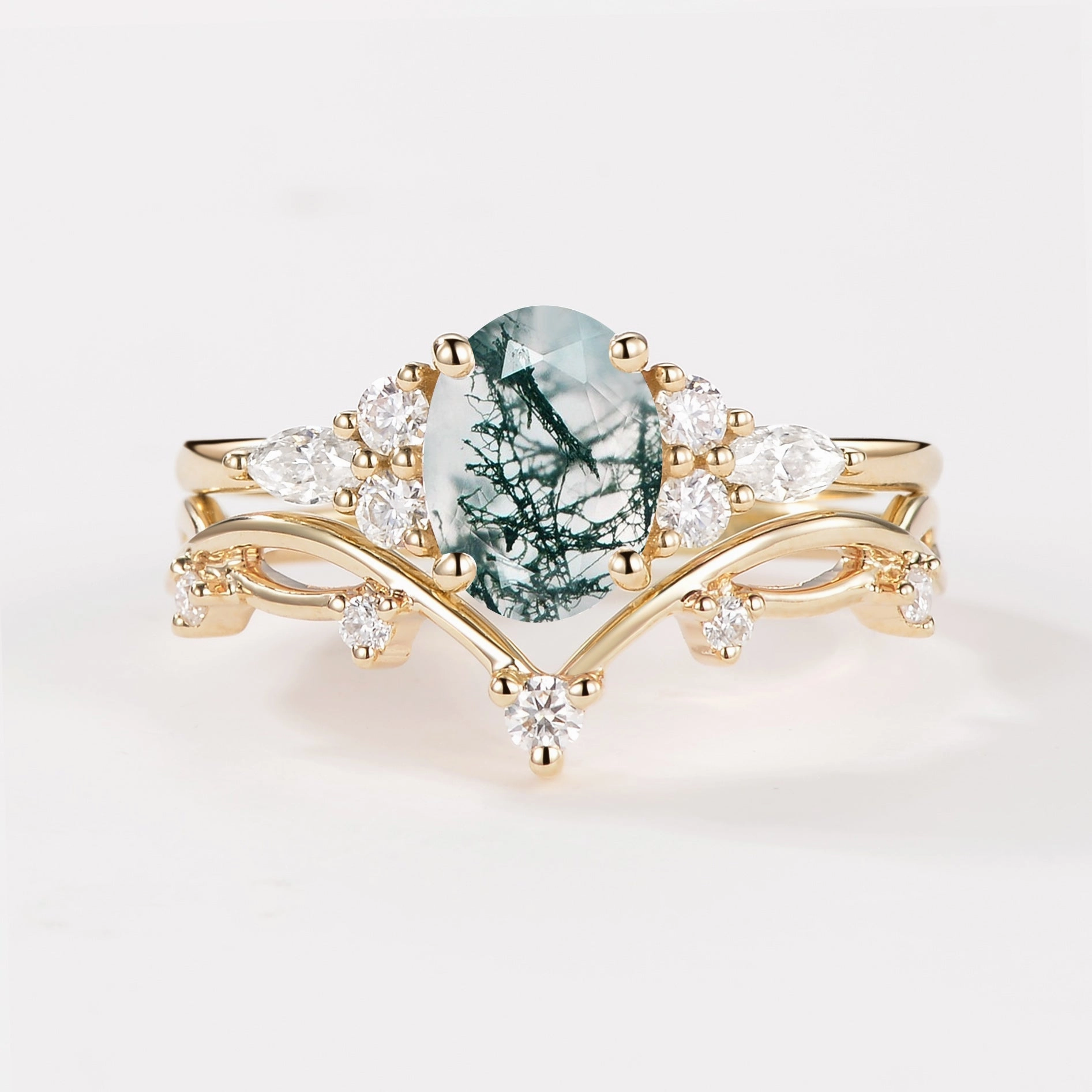 elegant curve Glam Pairing 1.5ct Oval Teal Sapphire Leafy Ring Set 2pcs - Ona