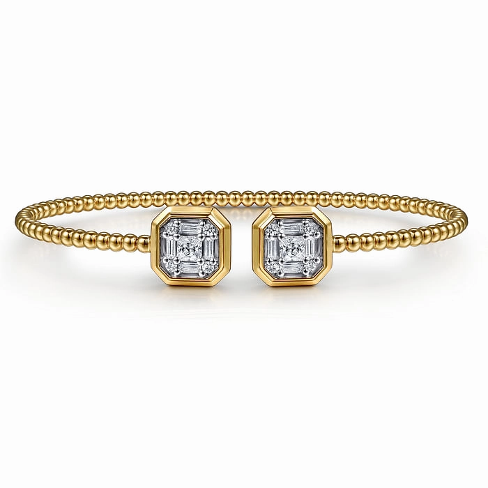 Gifting Vibes Luxurious Gem 14K Yellow Gold Bujukan Baguette and Princess Diamond Split Bangle Bracelet