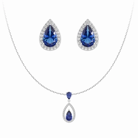 Radiant Touch Dusk Mood Blue Sapphire Drop Pendant And Halo Stud Earrings Set