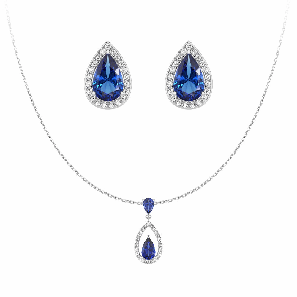 Radiant Touch Dusk Mood Blue Sapphire Drop Pendant And Halo Stud Earrings Set
