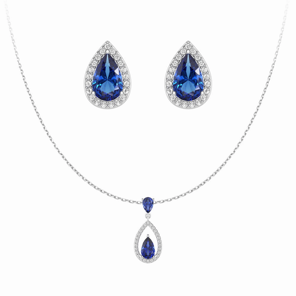Urban Feature Bridal Vibe Blue Sapphire Drop Pendant And Halo Stud Earrings Set