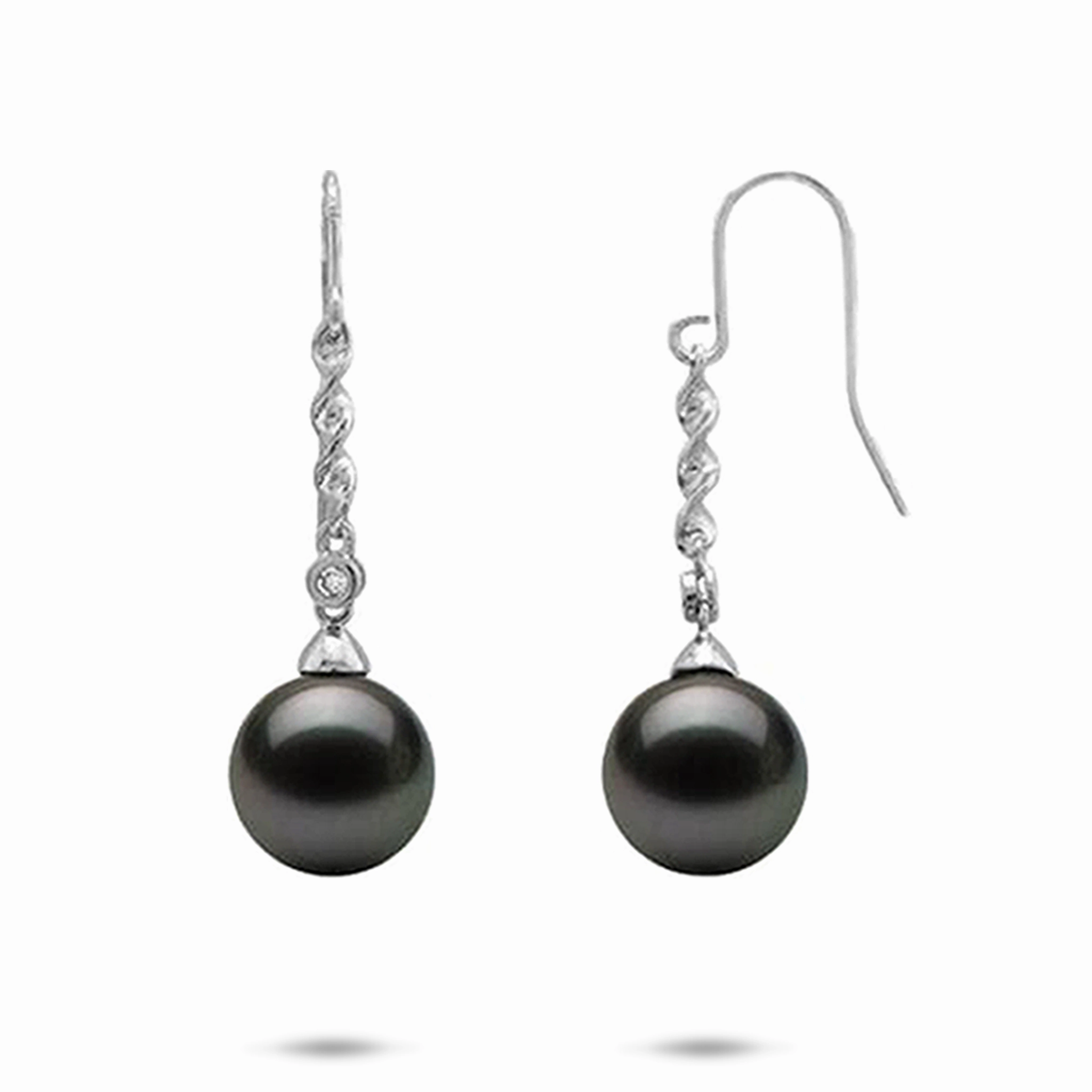 Tahitian Black Pearl Earrings in White Gold with Diamonds - 9-10mm Bridal Touch Casual Shine
