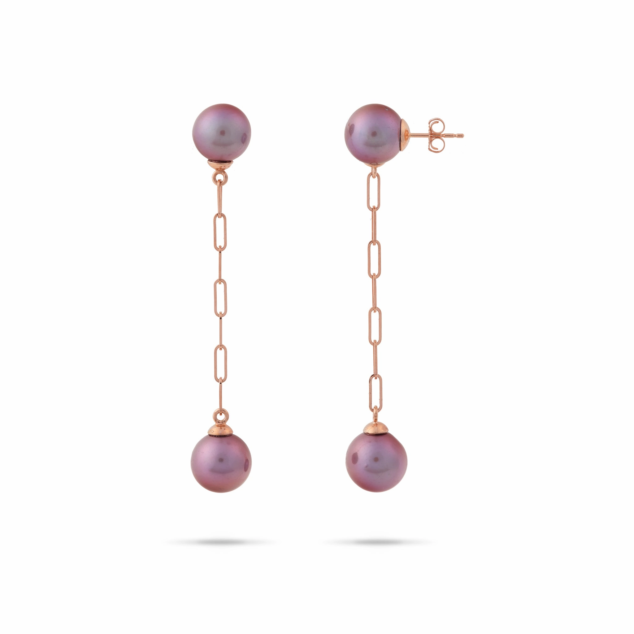 Charming Look Ultraviolet Freshwater Pearl Paperclip Chain Earrings in Rose Gold - 9-10mm