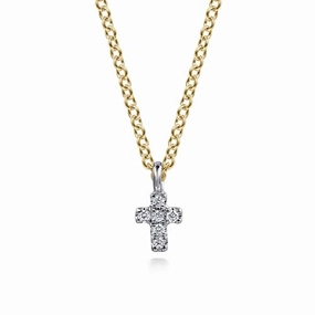 14K White and Yellow Gold Mini Diamond Cross Necklace Vibrant Style Distinctive Shape
