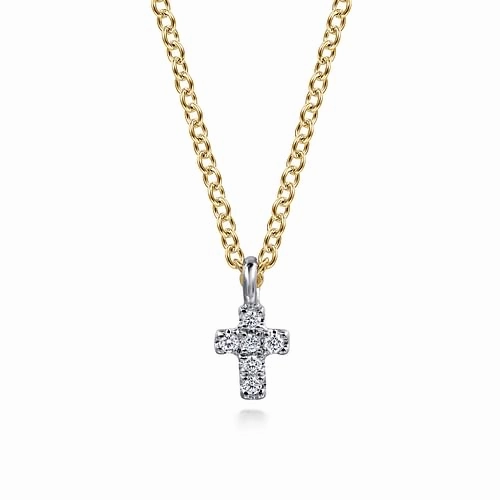 14K White and Yellow Gold Mini Diamond Cross Necklace Vibrant Style Distinctive Shape