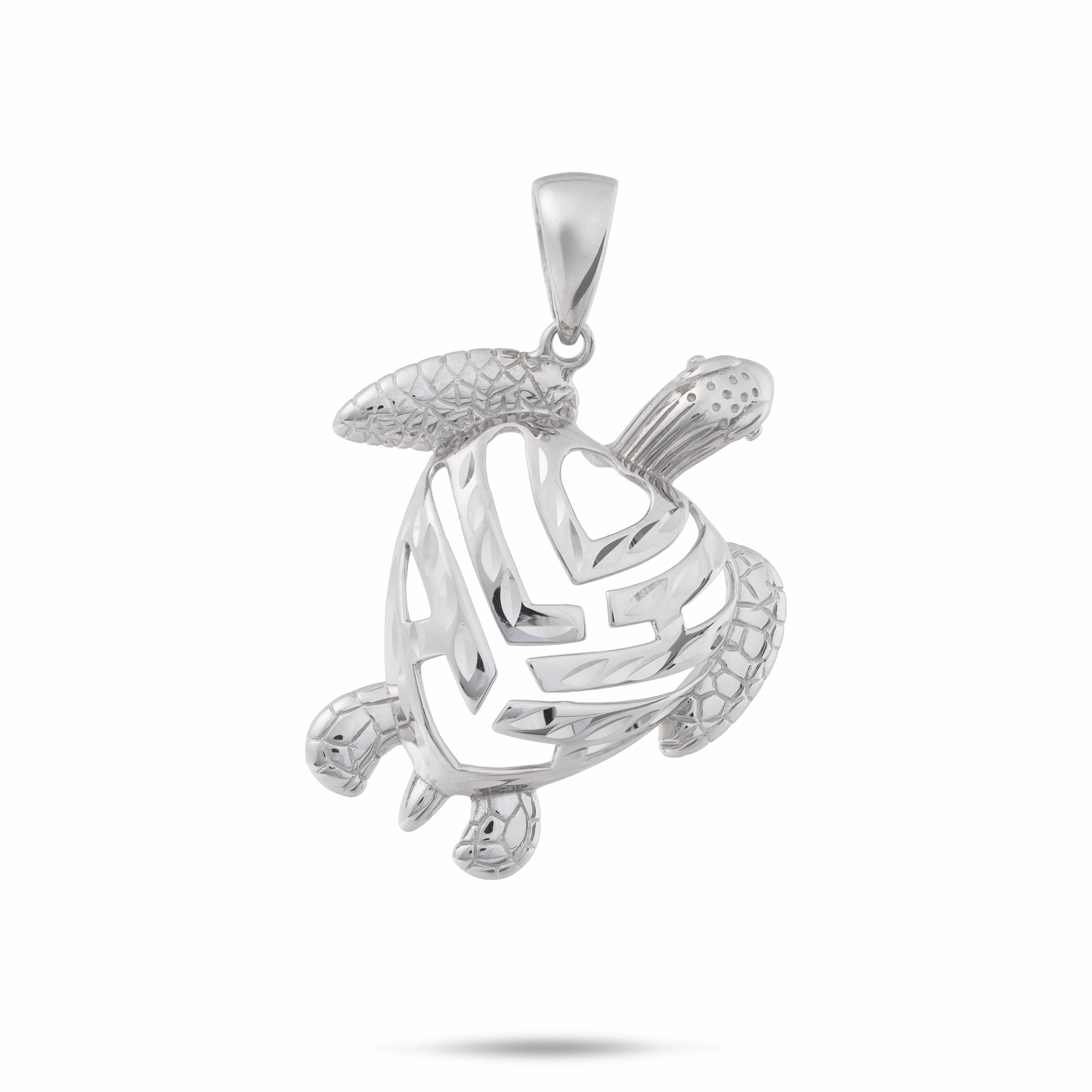 Trendy Fashion Soft Glimmer Honu Aloha Heart Pendant in White Gold - 26mm