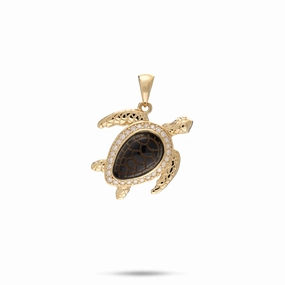 Honu Black Coral Pendant in Gold with Diamonds - 18mm Fashion Form Vogue Piece