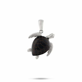 Vibrant Shine Look Honu Black Coral Pendant in White Gold - 19mm