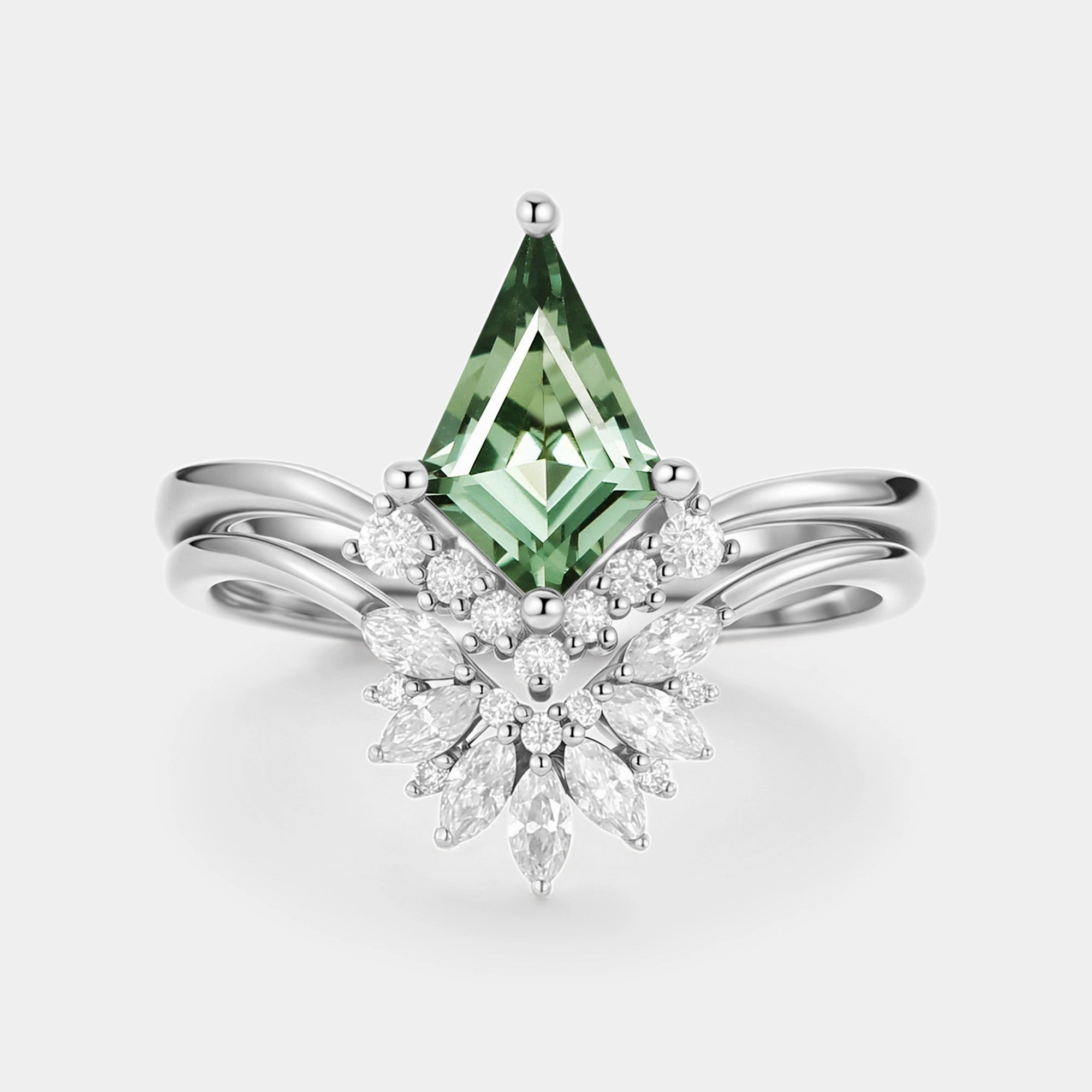 Candid Shot Gleaming Charm Kite Cut Lab Green Sapphire Cluster Engagement Ring Set 2pcs - Vane