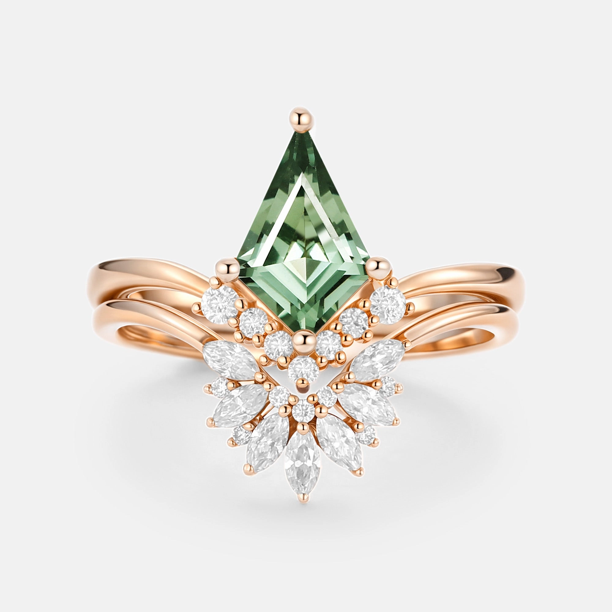 Kite Cut Lab Green Sapphire Cluster Engagement Ring Set 2pcs - Vane Refined Form Glam Set