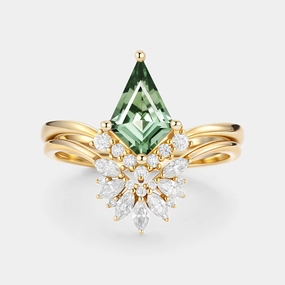 Finest Form Fresh Statement Kite Cut Lab Green Sapphire Cluster Engagement Ring Set 2pcs - Vane