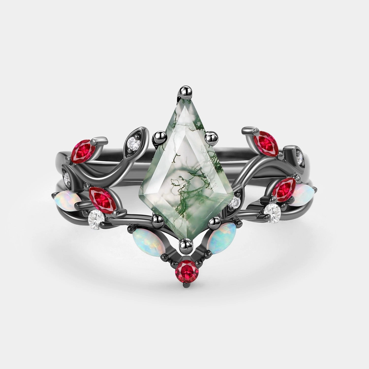 Timeless Decoration Moss Agate & Opal & Ruby Unique Engagement Ring Set 2pcs