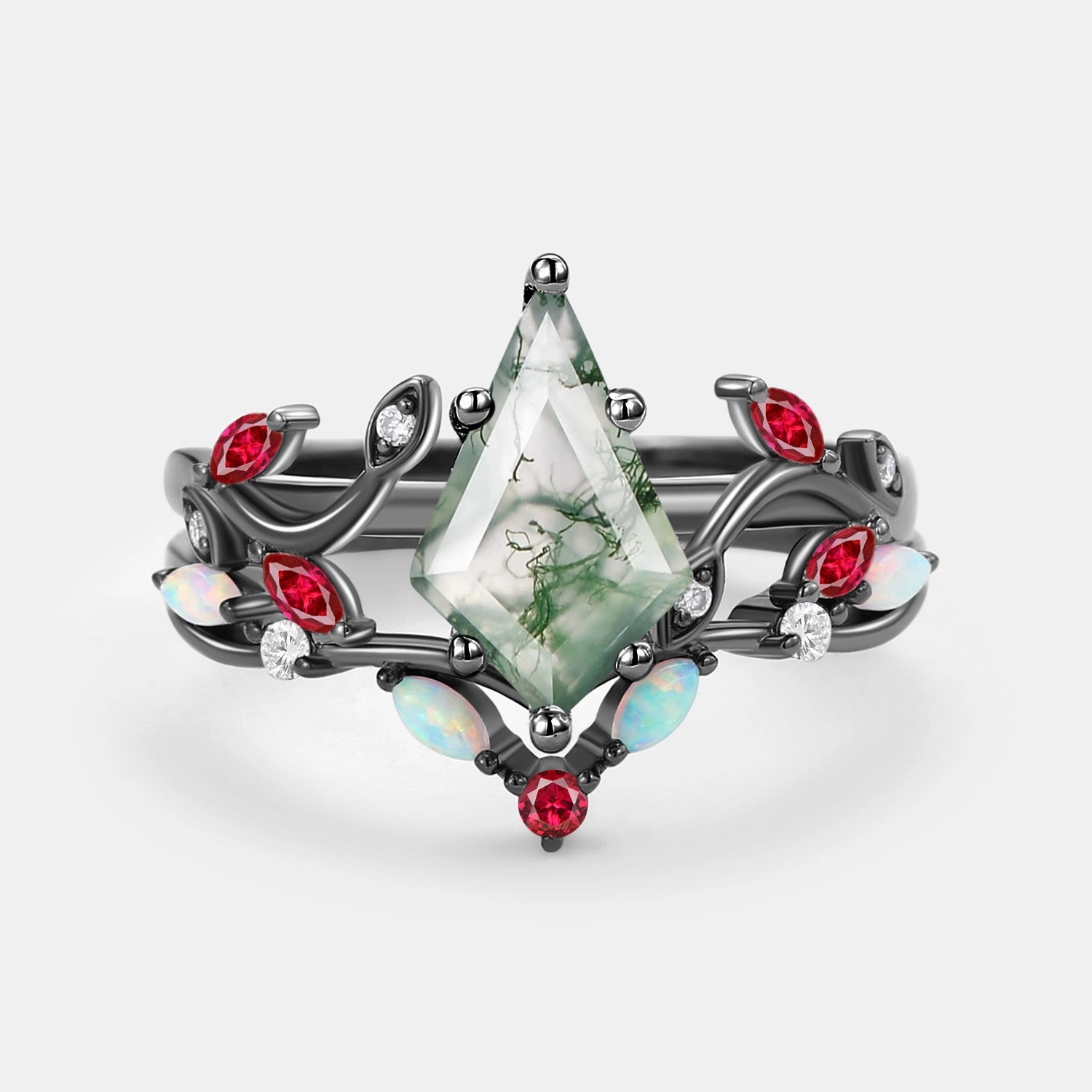 Moss Agate & Opal & Ruby Unique Engagement Ring Set 2pcs HighEnd Adornment Premium Appearance