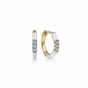 Delicate Style Enamel - 14K Yellow Gold Diamond Huggie with White Enamel