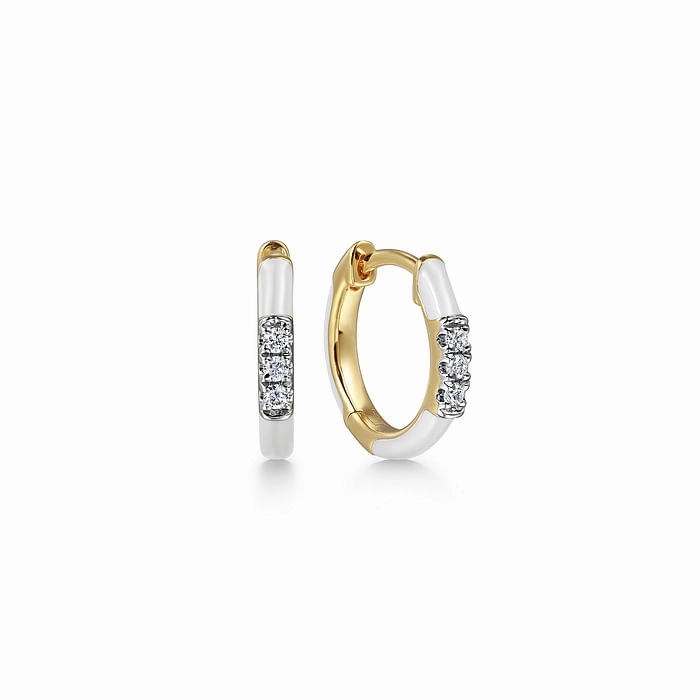 Delicate Style Enamel - 14K Yellow Gold Diamond Huggie with White Enamel