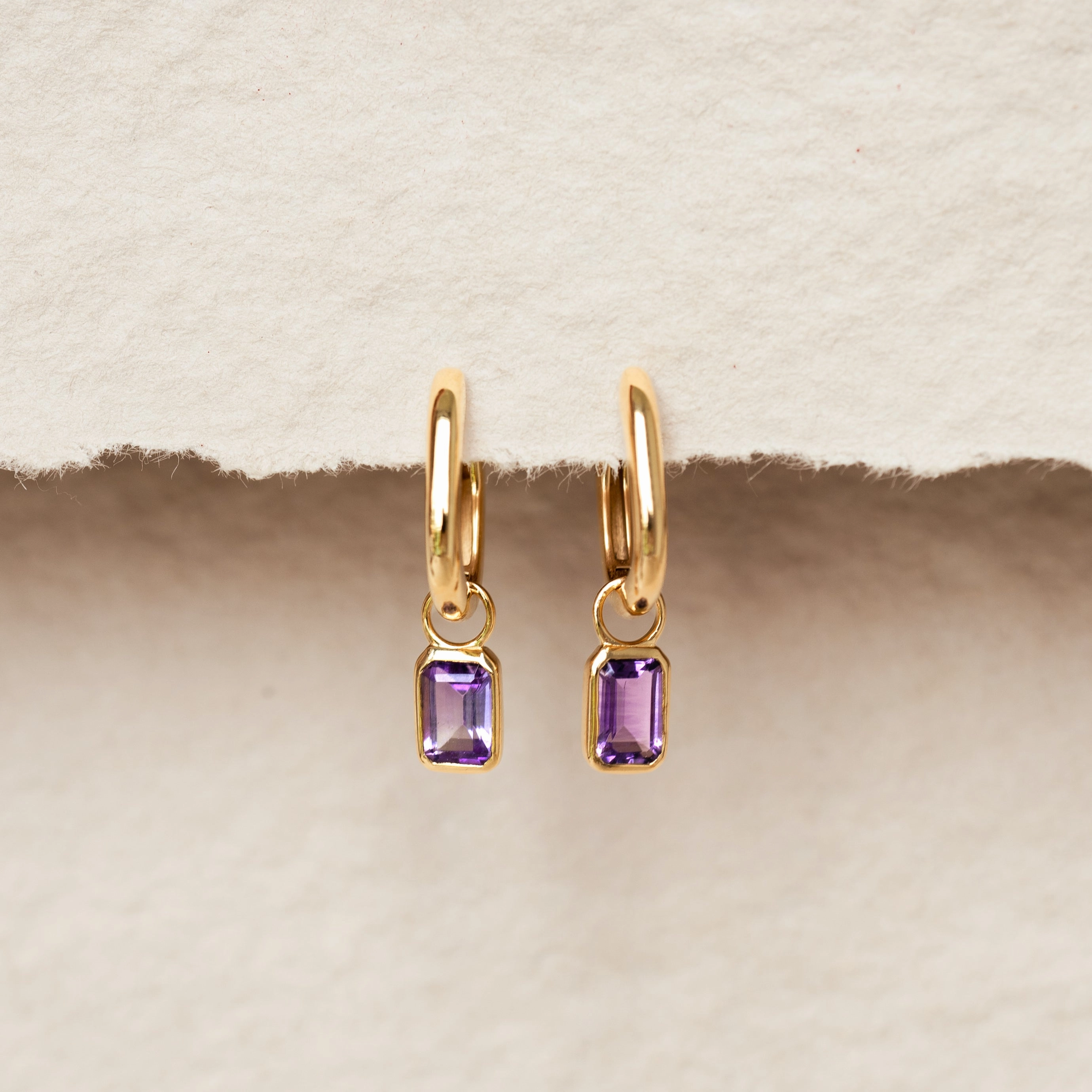Urban Feature Distinctive Style Huggie Earrings with Baguette Charms Amethyst - Amelia
