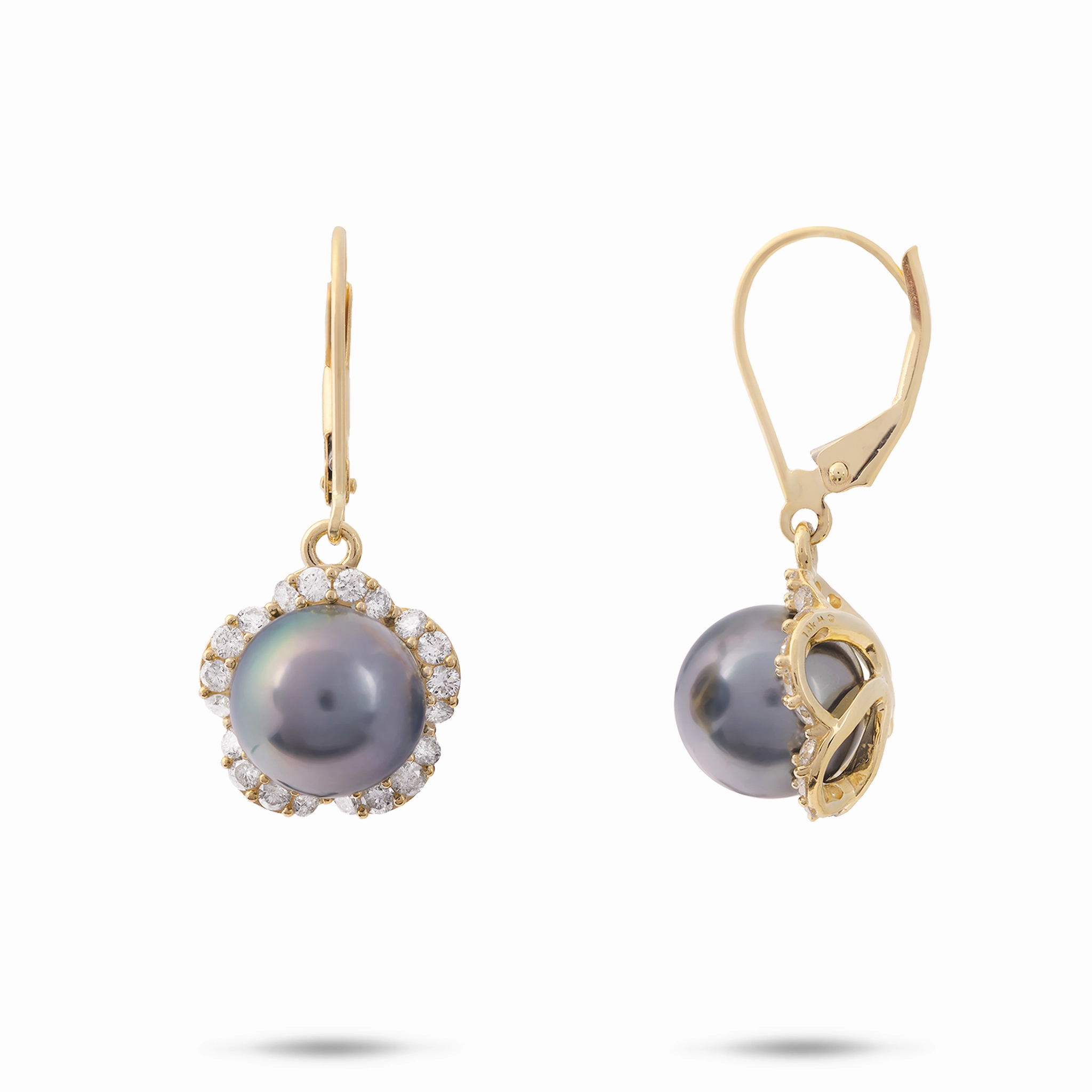 Gift For Her Signature Flair Plumeria Tahitian Black Pearl Earrings in Gold with Diamonds - 9-10mm