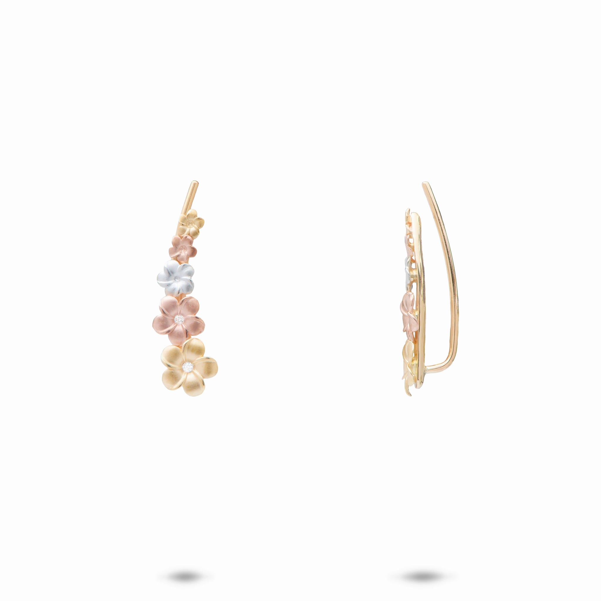 Plumeria Climber Earrings in Tri Color Gold with Diamonds - 19mm Polished Craft