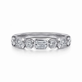 14K White Gold Bezel Set Emerald Cut and Round Diamond Anniversary Band Signature Flair Graceful Choice