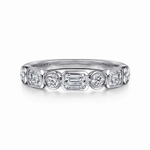14K White Gold Bezel Set Emerald Cut and Round Diamond Anniversary Band Signature Flair Graceful Choice