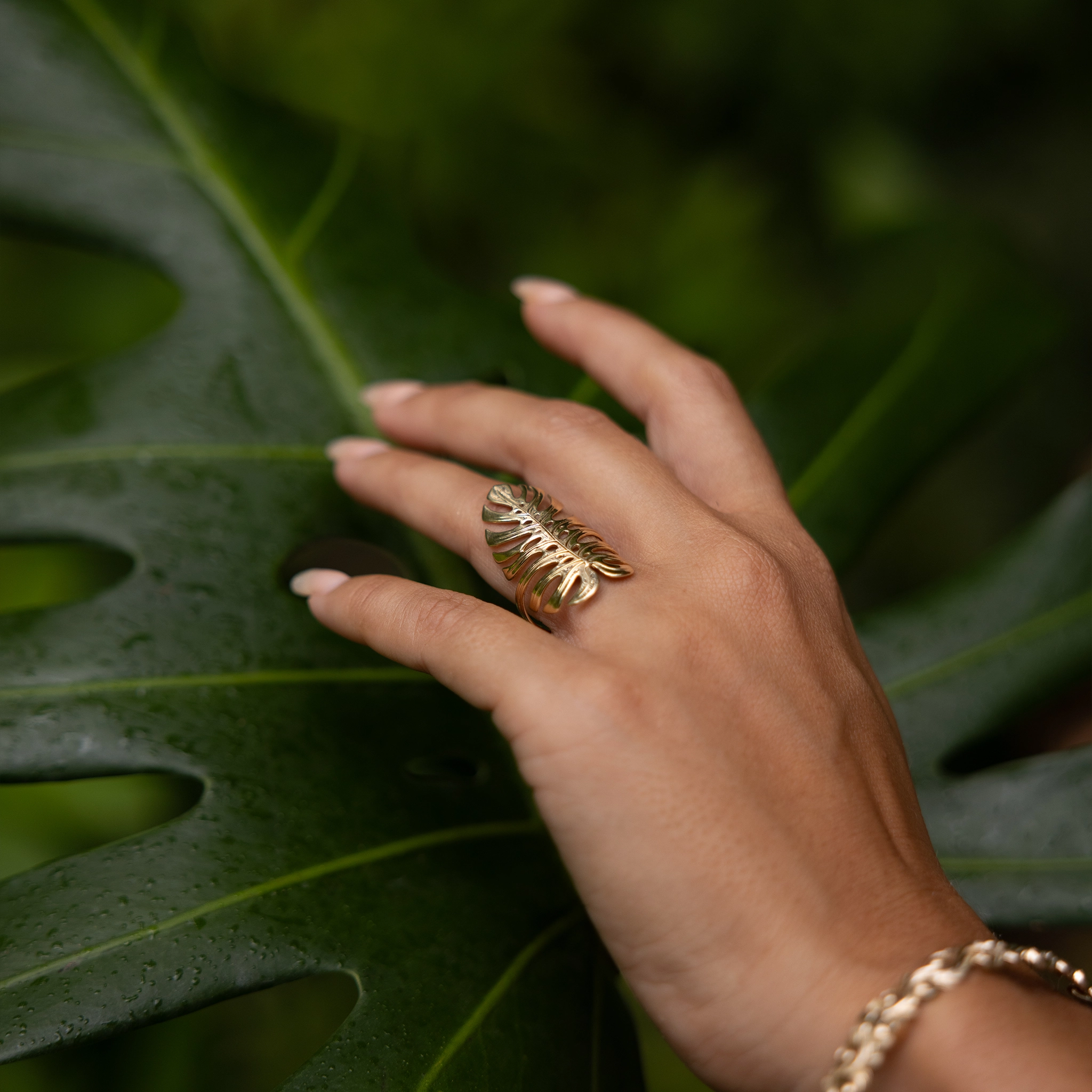 Monstera Ring in Gold - 30mm Exquisite Stones Subtle Edge