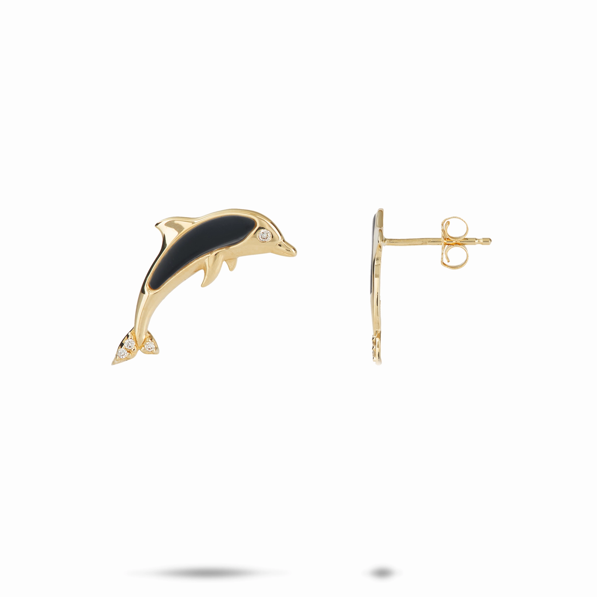 Timeless Detail Refined Feature Sealife Dolphin Black Coral Earrings in Gold with Diamonds - 15mm