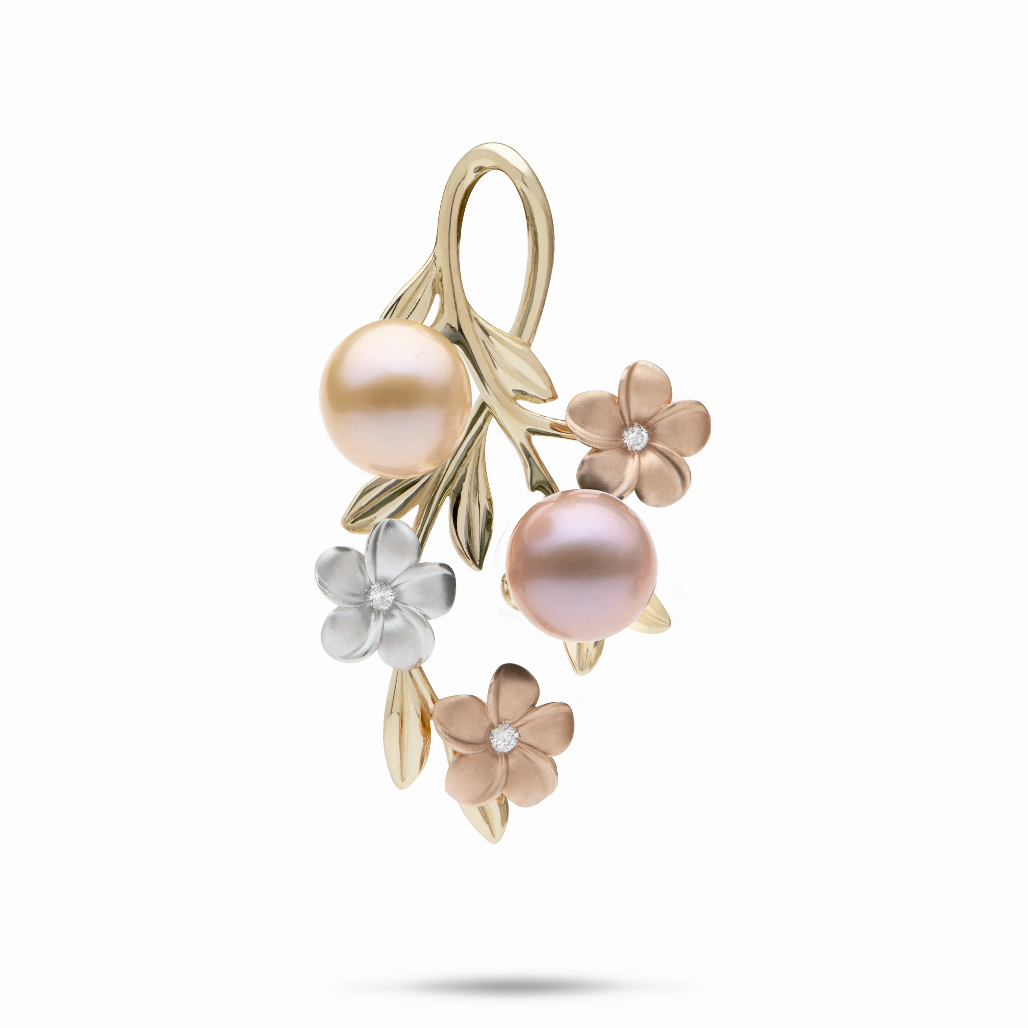 Classic Pieces Pearls in Bloom Plumeria Freshwater Pearl Pendant in Tri Color Gold with Diamonds - 36mm