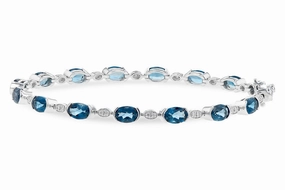 Borderless Fashion 14K White Gold Oval London Blue Topaz and Diamond Tennis Bracelet