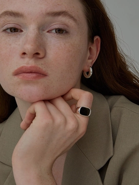 Masculine Bold Stylish Element Jeanne Black Agate S925 Silver Ring - 17mm