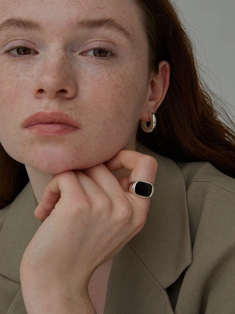 Masculine Bold Stylish Element Jeanne Black Agate S925 Silver Ring - 17mm