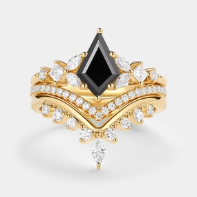 Kite Cut Black Moissanite Stacking Luxurious Engagement Bridal Set 3pcs - Amelia Polished Glam