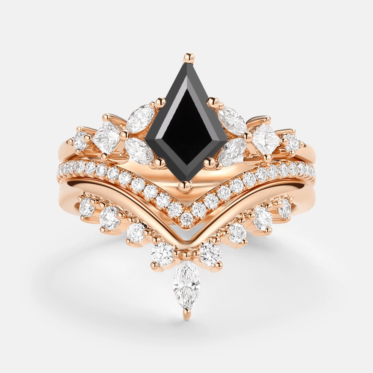 Kite Cut Black Moissanite Stacking Luxurious Engagement Bridal Set 3pcs - Amelia Glamorous Mood Daily Look