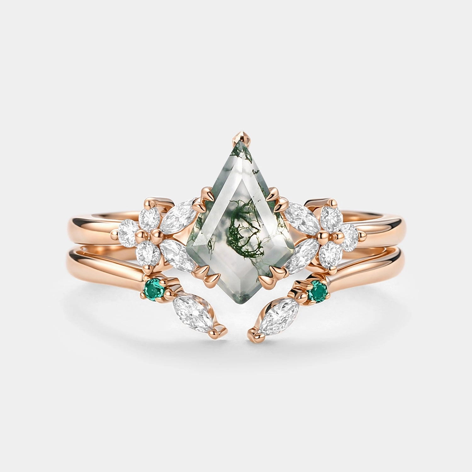 Timeless Gem Kite Cut Moss Agate Cluster Engagement Ring Set 2pcs - Lumi