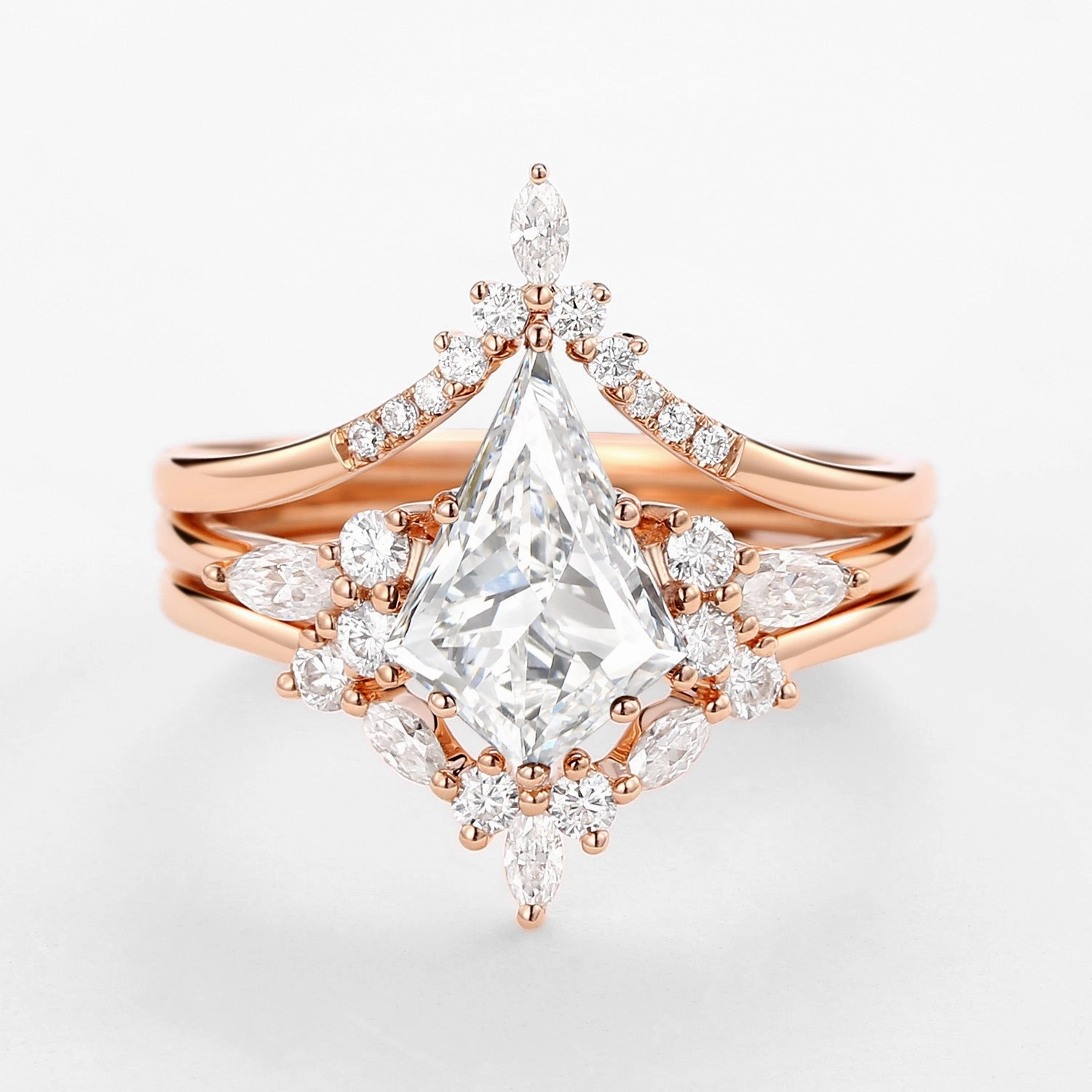 Kite Cut Salt and Pepper Diamonds Ring Set 3pcs - Kinsley Bold Accent