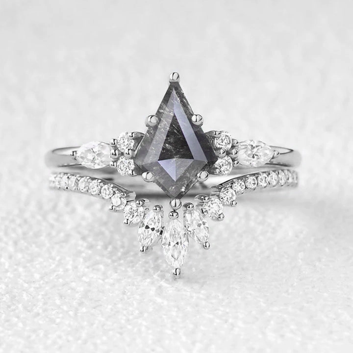 Kite Cut Salt and Pepper Diamonds Three Stone Engagement Ring Set 2pcs - Rebecca Romantic Moment